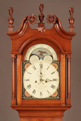 PENNSYLVANIA CHIPPENDALE TALL CASE CLOCK, WALNUT WITH HAND PAINTED FACE, 94.5"H. (CL130)