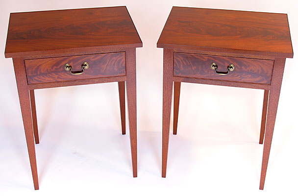 PAIR NIGHT STANDS, CROTCH MAHOGANY, COCKBEADED DRAWERS AND TOPS, 20W x 16D x 27H  (T102)